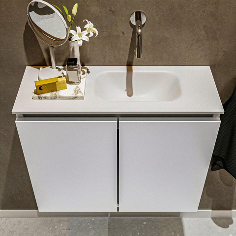 MONDIAZ TURE Fonteinset - 60x23x50cm - 0 kraangaten - 2 deuren - talc mat - Wasbak rechts - Solid Surface Wit SW474869