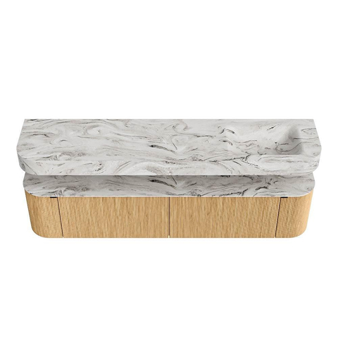 MONDIAZ THOR-DLUX 200cm meuble de salle de bains arrondi gauche + droite couleur Oak avec 2 tiroirs et 2 portes. Vasque suspendue CLOUD droite sans trou de robinet couleur Glace. SW1466935