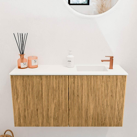 Mondiaz JOYA 80cm toiletmeubel - kleur Oak - Wastafel FAYE positie Rechts 1 kraangat kleur Talc. SW1421109