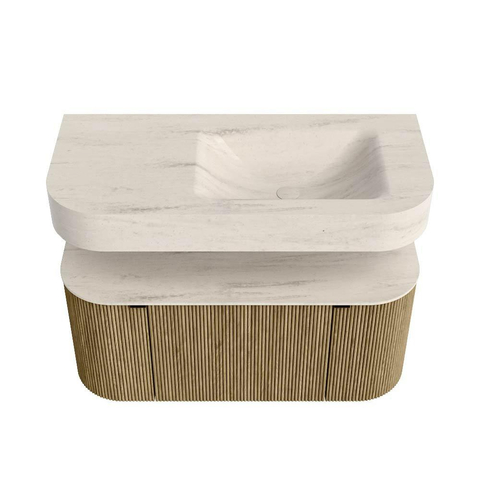 MONDIAZ THOR-DLUX 100cm meuble de salle de bains arrondi gauche + droite couleur Dusk avec 1 tiroir et 2 portes. Vasque suspendue CLOUD Droite sans trou de robinet couleur Meli. SW1467482