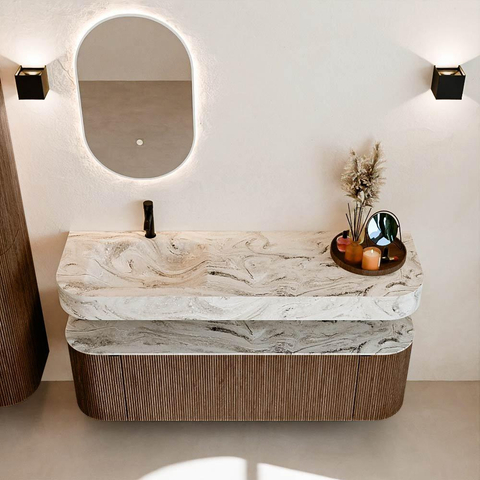 MONDIAZ THOR-DLUX 150cm badmeubel ronding links + rechts kleur Walnut met 1 lade en 2 deuren. Vrijhangende wastafel CLOUD Links 1 kraangat kleur Glace. SW1464643