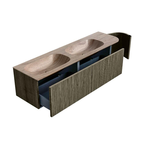 MONDIAZ KURVE-DLUX 165cm badmeubel ronding Rechts kleur Shadow met 2 lades en 1 deur. Wastafel STOR SMALL Dubbel / Links 2 kraangaten Saba. SW1433290