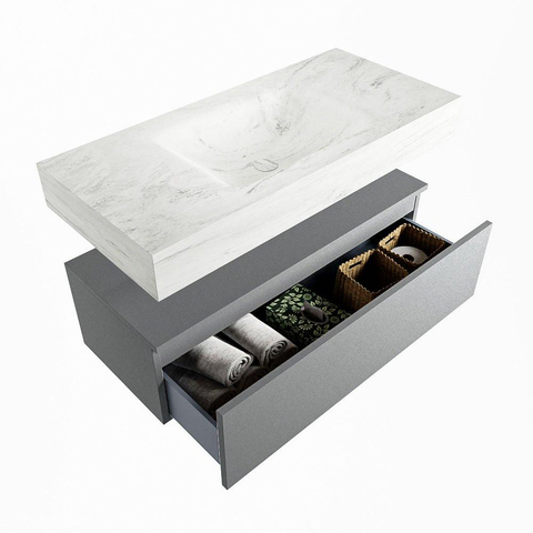 Mondiaz ALAN-DLUX Ensemble de meuble - 100cm - meuble Plata mat - 1 tiroir - Lavabo Cloud Opalo suspendu - vasque Centre - 0 trous de robinet SW807256