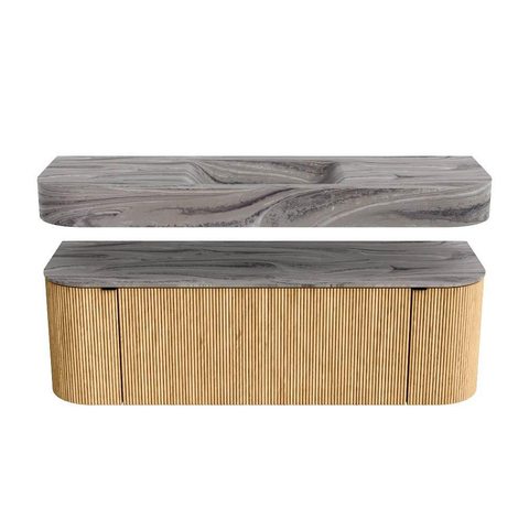MONDIAZ THOR-DLUX 140cm meuble de salle de bains arrondi gauche + droite couleur Oak avec 1 tiroir et 2 portes. Vasque suspendue CLOUD Milieu sans trou de robinet couleur Sombra. SW1464359