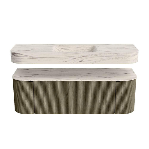 MONDIAZ THOR-DLUX 140cm meuble de salle de bains arrondi gauche + droite couleur Shadow avec 1 tiroir et 2 portes. Vasque suspendue CLOUD Milieu 1 trou de robinet couleur Nata. SW1464250