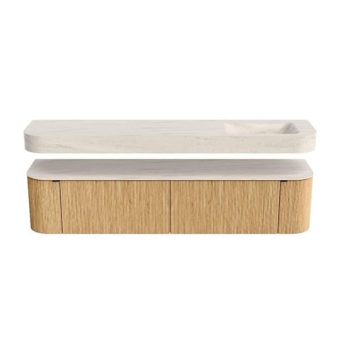MONDIAZ THOR-DLUX 200cm meuble de salle de bains arrondi gauche + droite couleur Oak avec 2 tiroirs et 2 portes. Vasque suspendue CLOUD Droite 1 trou de robinet couleur Meli. SW1467097