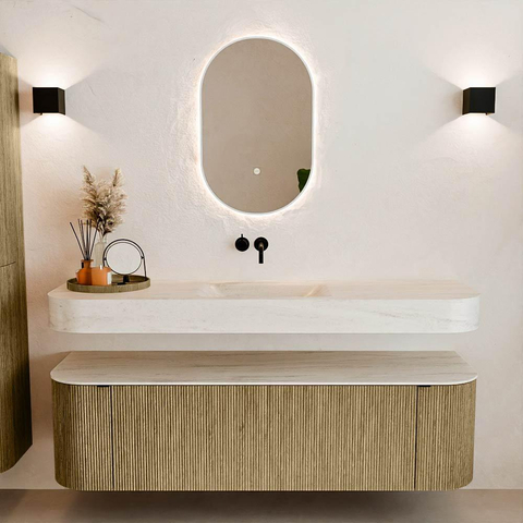 MONDIAZ THOR-DLUX 160cm meuble de salle de bains arrondi gauche + droite couleur Dusk avec 1 tiroir et 2 portes. Vasque suspendue CLOUD Centre sans trou de robinet couleur Meli. SW1465170