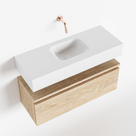 MONDIAZ ANDOR Toiletmeubel - 80x30x30cm - 0 kraangaten - 1 lades - washed oak mat - wasbak midden - Solid surface - Wit SW474264
