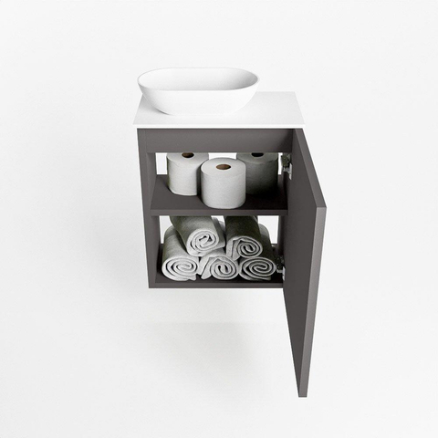 Mondiaz Fowy Meuble de toilette - 40x50x23cm - gris foncé mat - 1 trou de robinet - lavabo à gauche - 1 porte - solid surface - plan MDF - lavabo : Blanc / Noir SW760932