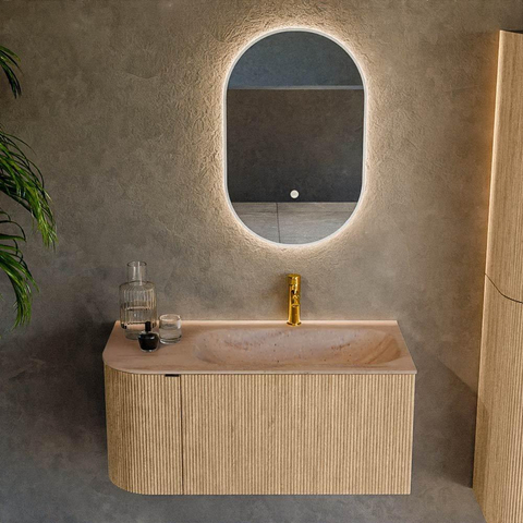 MONDIAZ KURVE-DLUX Meuble de salle de bains 95cm arrondi Gauche couleur Chêne avec 1 tiroir et 1 porte. Lavabo BIG SMALL Droite 1 trou de robinet Saba. SW1433052