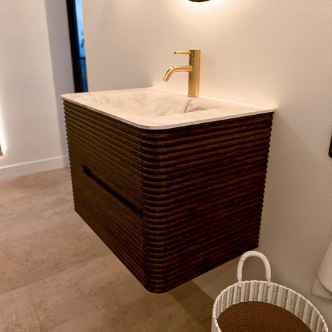 Mondiaz CIRO-DLUX Badkamermeubelset - 70x45x50cm - Solid surface wastafel Frappe - 1 wasbak Midden - 1 kraangat - 2 lades - Walnut SW1530299