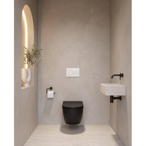QeramiQ Dely Toiletset - 36.3x51.7cm - Geberit UP720 inbouwreservoir - rimless - diepspoel - 35mm zitting - softclose - bedieningsplaat glans wit - ronde knoppen - mat zwart SW1427984