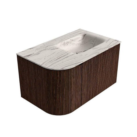 MONDIAZ KURVE-DLUX 75cm badmeubel ronding Links kleur Walnut met 1 lade en 1 deur. Wastafel GRUNNE Rechts 1 kraangat Nata. SW1432153
