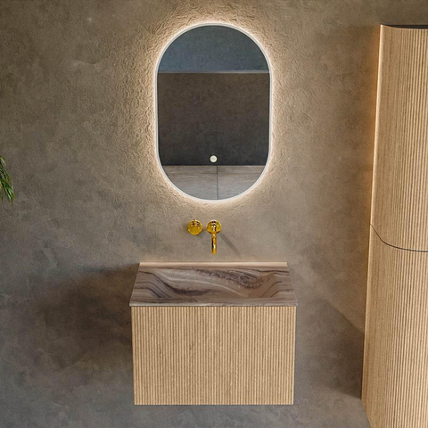 MONDIAZ KURVE-DLUX 60cm badmeubel kleur Oak met 1 lade en 0 deuren. Wastafel CLOUD Midden zonder kraangat Sombra. SW1433533