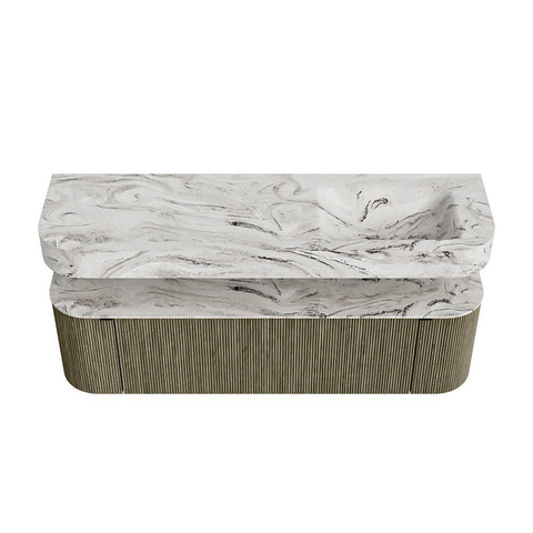 MONDIAZ THOR-DLUX 160cm meuble de salle de bains arrondi gauche + droite couleur Shadow avec 1 tiroir et 2 portes. Vasque suspendue CLOUD Droite sans trou de robinet couleur Glace. SW1467679