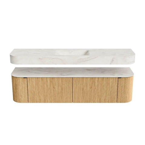 MONDIAZ THOR-DLUX 180cm badmeubel ronding links + rechts kleur Oak met 2 lades en 2 deuren. Vrijhangende wastafel CLOUD Midden 1 kraangat kleur Ostra. SW1465924