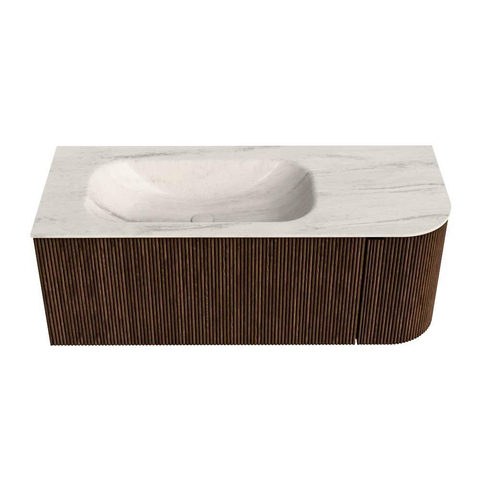 MONDIAZ KURVE-DLUX 115cm badmeubel ronding Rechts kleur Walnut met 1 lade en 1 deur. Wastafel BIG SMALL Links zonder kraangat Meli. SW1431687