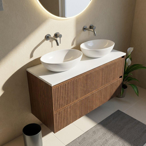 Saniclass Holz Atelier Badkamermeubelset - 120x45x62.5cm - Torino solid surface topblad wit - zonder kraangat - 2 lades - mat walnut pure (hout) SW1478713