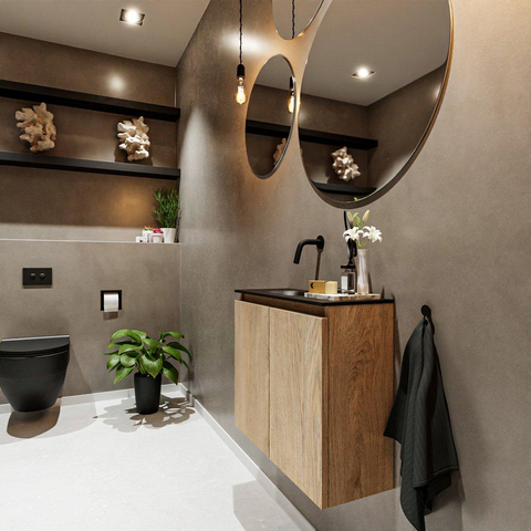 MONDIAZ TURE Fonteinset - 60x23x50cm - 0 kraangaten - 2 deuren - washed oak mat - Wasbak links - Solid Surface Zwart SW475490