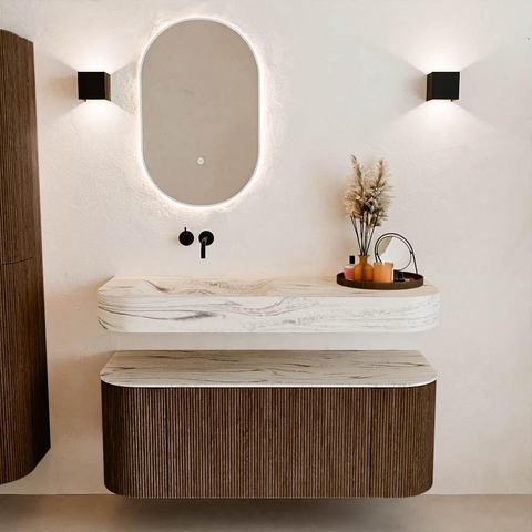 MONDIAZ THOR-DLUX Meuble de salle de bains 120cm arrondi gauche + droite couleur Walnut avec 1 tiroir et 2 portes. Vasque suspendue CLOUD Gauche sans trou de robinet couleur Nata. SW1463407