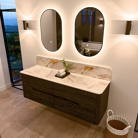 Mondiaz CIRO-DLUX Badkamermeubelset - 150x45x50cm - Solid surface wastafel Frappe - 2 wasbak Dubbel - zonder kraangaten - 4 lades - Shadow SW1532158