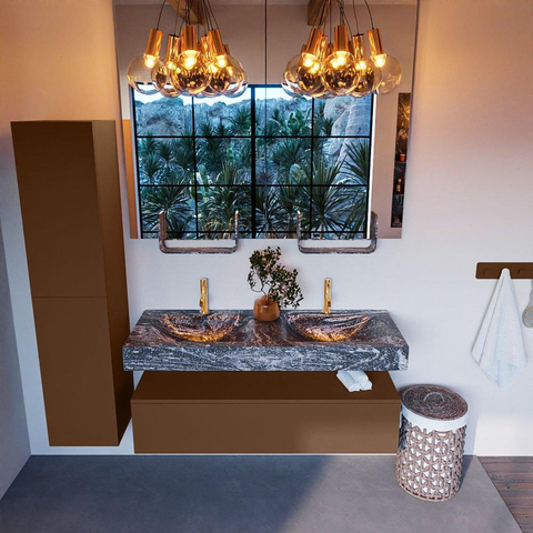 Mondiaz ALAN-DLUX Ensemble de meuble - 130cm - meuble Rust mat - 1 tiroir - Lavabo Cloud Lava suspendu - vasque Gauche et droite - 2 trous de robinet SW808387
