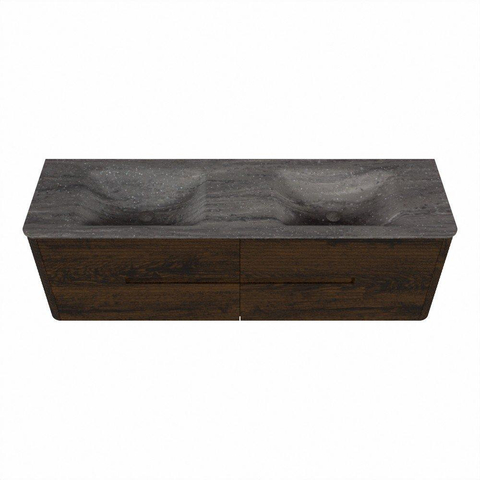 Mondiaz CIRO-DLUX Badkamermeubelset - 160x45x50cm - Solid surface wastafel Oza - 2 wasbak Dubbel - zonder kraangaten - 4 lades - Walnut SW1530638
