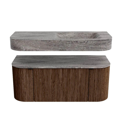 MONDIAZ THOR-DLUX 110cm badmeubel ronding links + rechts kleur Walnut met 1 lade en 2 deuren. Vrijhangende wastafel CLOUD Rechts 1 kraangat kleur Oza. SW1462975
