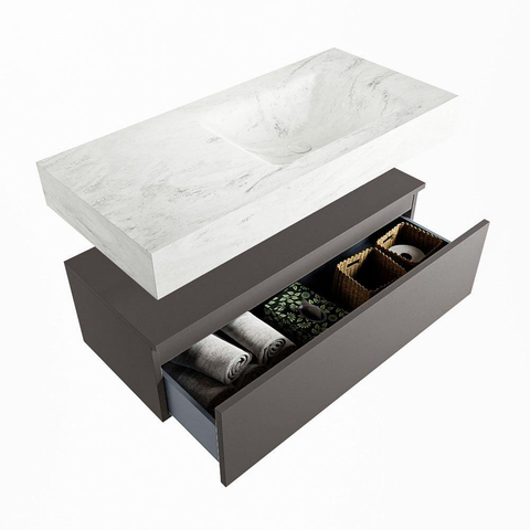 MONDIAZ ALAN - DLUX Badkamermeubelset - 100cm - onderkast - Dark grey - 1 lade - vrijhangende wastafel - wasbak rechts - 1 kraangat - Opalo SW806164