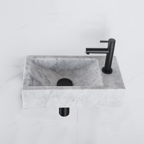 Saniclass Fuente fonteinset – rechthoekig – 40x22x10 cm – natuursteen wit – mat zwarte kraan SW1111495
