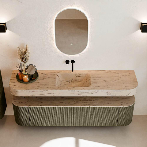 MONDIAZ THOR-DLUX Meuble de salle de bains - 180cm - arrondi gauche + droite - couleur Shadow - 2 tiroirs - 2 portes - Vasque suspendue CLOUD Milieu sans trou de robinet - couleur Arena SW1466132