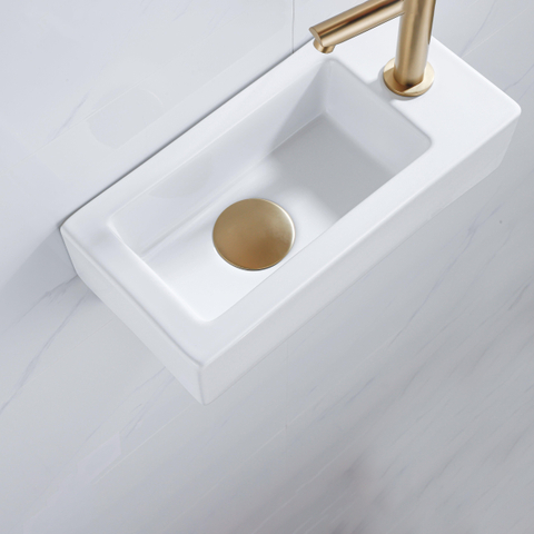 QeramiQ Fuente fonteinset – 37.5x18.5x9 cm – keramiek wit glans – kraangat rechts – geborsteld gouden kraan SW1232752