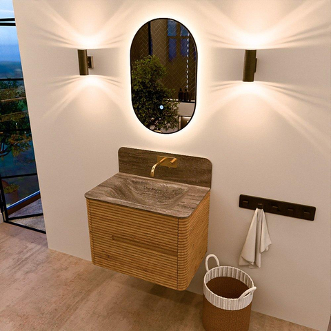 Mondiaz CIRO-DLUX Ensemble de meubles de salle de bains - 70x45x50cm - lavabo en solid surface Oza - 1 vasque au milieu - sans trous de robinet - 2 tiroirs - Chêne SW1531100