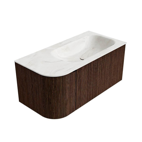 MONDIAZ KURVE-DLUX meuble de salle de bains 95cm avec module 25 L couleur Noyer avec 1 tiroir et 1 porte. Lavabo BIG SMALL à droite sans trou de robinet couleur Ostra. SW1137812
