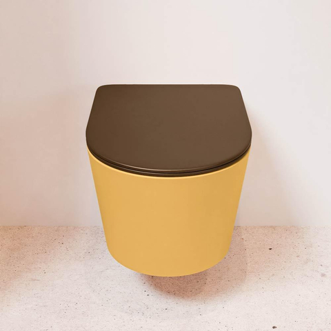 Mondiaz LAVIE hangtoilet – spoelrandloos – 36 x 53 cm – met softclose zitting – Ocher (geel), zitting Rust (bruin) SW1208703