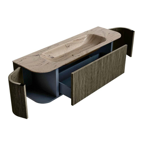 MONDIAZ KURVE-DLUX 150cm badmeubel ronding Links + Rechts kleur Shadow met 1 lade en 2 deuren. Wastafel BIG MEDIUM Midden zonder kraangat Arena. SW1431455