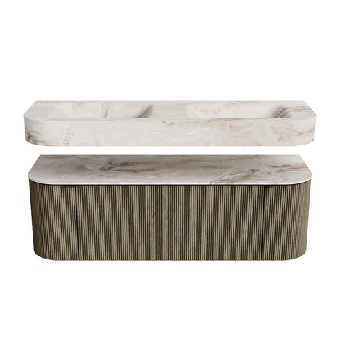 MONDIAZ THOR-DLUX 140cm meuble de salle de bains arrondi gauche + droite couleur Shadow avec 1 tiroir et 2 portes. Vasque suspendue CLOUD Double 2 trous de robinet couleur Frappe. SW1467662
