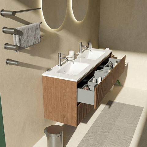 Saniclass Holz Atelier Ensemble meuble de salle de bains - 140x45x62cm - Lavabo Vygo en céramique blanc - 2 vasques - 2 trous de robinetterie - 4 tiroirs - brillant walnut pure (bois) SW1437736
