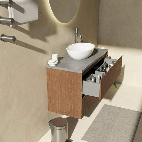 Saniclass Holz Atelier Ensemble meuble de salle de bains - 100x45x63cm - Plan vasque en basalte Noche poli (noir) - 1 trou de robinetterie - 2 tiroirs - walnut pure mat (bois) SW1478566