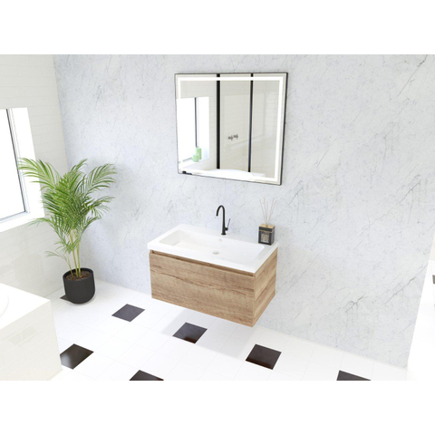 H&R Badmeubelen Matrix 3D badkamermeubelset 80cm 1 lade greeploos met greeplijst in kleur French oak met wasbak djazz 1 kraangat wit SW857043