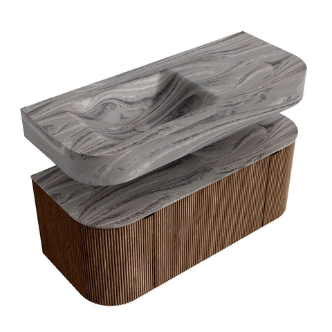 MONDIAZ THOR-DLUX Meuble de salle de bains 110cm arrondi gauche + droite couleur Walnut avec 1 tiroir et 2 portes. Vasque suspendue CLOUD Gauche 1 trou de robinet couleur Sombra. SW1463030