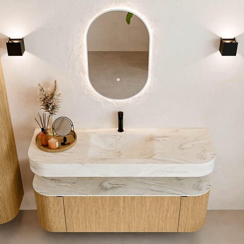 MONDIAZ THOR-DLUX 140cm badmeubel ronding links + rechts kleur Oak met 1 lade en 2 deuren. Vrijhangende wastafel CLOUD Midden 1 kraangat kleur Ostra. SW1463972