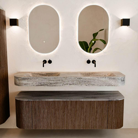 MONDIAZ THOR-DLUX 150cm badmeubel ronding links + rechts kleur Walnut met 1 lade en 2 deuren. Vrijhangende wastafel CLOUD Dubbel zonder kraangat kleur Oza. SW1464850