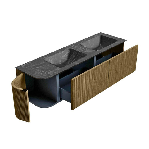Mondiaz KURVE-DLUX Ensemble de meuble de salle de bains - 155x46x40cm - 2 tiroirs - 1 porte - lavabo solid surface - double / droit - sans trou de robinet - Dusk SW1415551