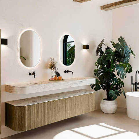 MONDIAZ THOR-DLUX 200cm meuble de salle de bains arrondi gauche + droite couleur Dusk avec 2 tiroirs et 2 portes. Vasque suspendue CLOUD Double sans trou de robinet couleur Nata. SW1467153
