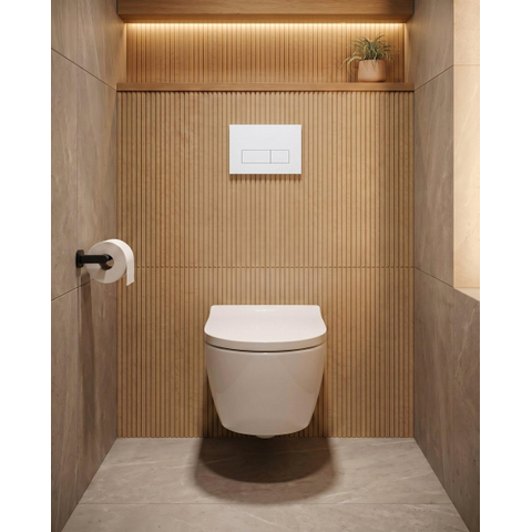 QeramiQ Dely Ensemble WC - 36.3x51.7cm - cuvette profonde - rimless - Réservoir encastré avec mécanisme de chasse Geberit UP320 - Abattant WC softclose 35 mm - Plaque de commande blanche mate - Boutons rectangulaires - blanc mat SW1413229