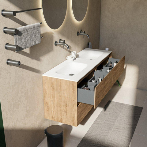 Saniclass Holz Pure Badkamermeubelset - 140x45x61.5cm - Flow solid surface wastafel wit - 2 wasbakken - zonder kraangaten - 4 lades - mat eiken natural (hout) SW1478438