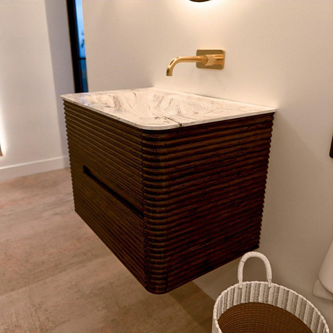 Mondiaz CIRO-DLUX Badkamermeubelset - 70x45x50cm - Solid surface wastafel Glace - 1 wasbak Midden - zonder kraangaten - 2 lades - Walnut SW1530245