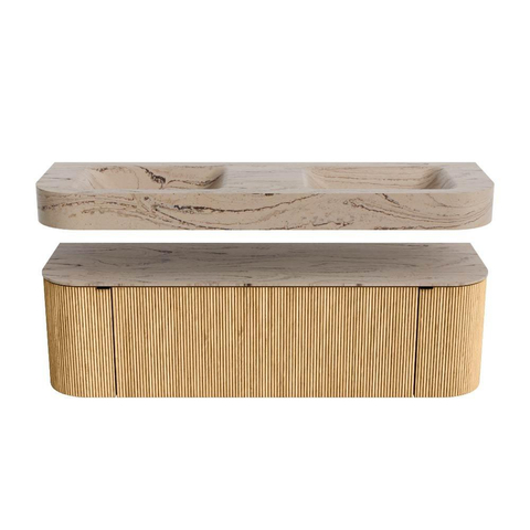 MONDIAZ THOR-DLUX 150cm badmeubel ronding links + rechts kleur Oak met 1 lade en 2 deuren. Vrijhangende wastafel CLOUD Dubbel zonder kraangat kleur Arena. SW1464726