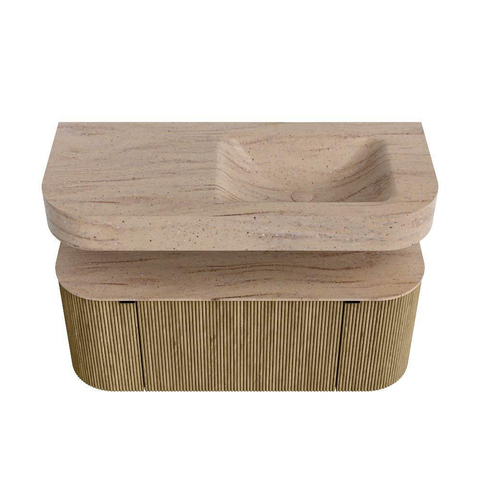 MONDIAZ THOR-DLUX 110cm meuble de salle de bains arrondi gauche + droite couleur Dusk avec 1 tiroir et 2 portes. Vasque suspendue CLOUD Droite 1 trou de robinet couleur Saba. SW1463009